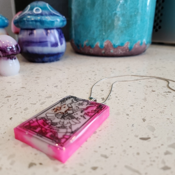 Handmade The Dev*l Tarot Card Pink and White Tie Dye Effect Pendant Necklace - Picture 3 of 7